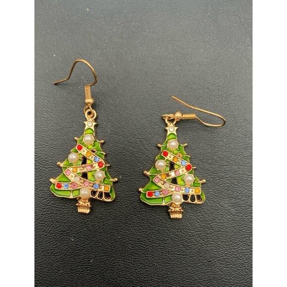 Colorful Rhinestone & Faux Pearl Gold Tone Christmas Tree Dangle Earrings - Picture 2 of 4